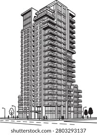 Outline drawing of contemporary skyscraper featuring multiple stories, balconies, and shops at ground level. illustration includes pedestrians and street lights on a clear, transparent background.