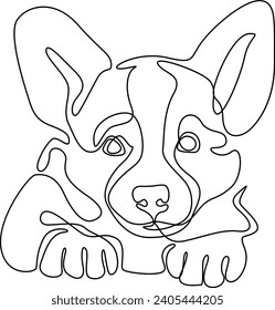 Outline drawing of corgi puppy, dog illustration. A dog's face drawn with lines. Dog is Human's friend