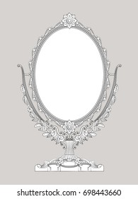 Outline drawing of a cosmetic desktop mirror, isolated on gray background. Vector illustration.