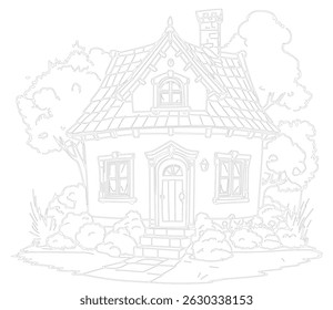 Outline Drawing of a Countryside House Surrounded by Trees and Flowers Original vector