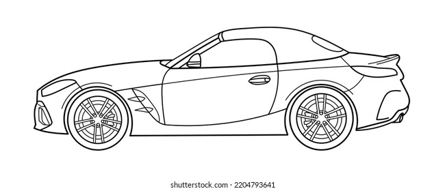 Outline drawing of a coupe convartable sport car from side view. Vector doodle illustration