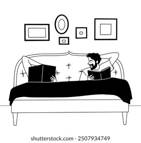 outline drawing, a couple lying in bed and reading, husband and wife. Vector illustration