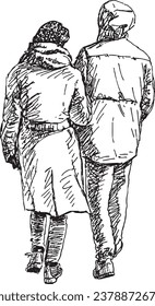 Outline drawing of couple young casual citizens walking outdoors