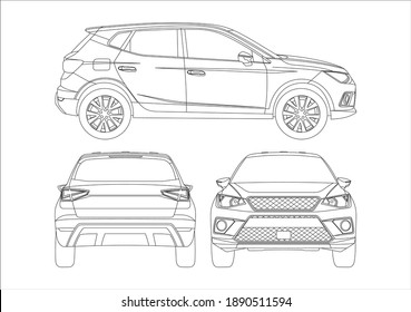 outline drawing of the crossover, view from three sides. SEAT Arona.