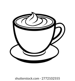 Outline drawing of a cup of coffee with whipped cream on a saucer on white background drink beverage