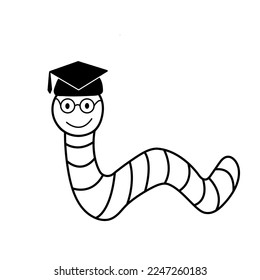 Outline drawing of a cute cartoon worm wearing a square academic cap and tie