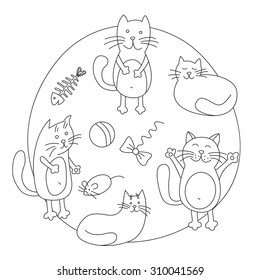 Outline drawing cute cats. Vector