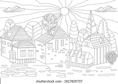 Outline Drawing Cute Houses Surrounded Fancy Trees, Cobblestone Street, Sun With Clouds For Your Coloring Book