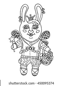 Outline drawing a cute rabbit girl fairy wear princess crown and a magic wand cartoon character on isolated white background kids coloring book and coloring page print pattern vector illustration