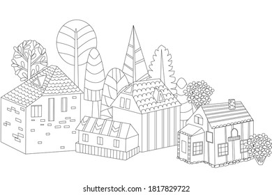outline drawing cute rural houses with stylized trees for your coloring book