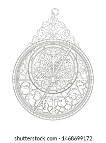 Outline drawing decorative astrolabe with zodiac round