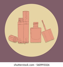 Outline drawing of decorative cosmetics, lip gloss and nail poli
