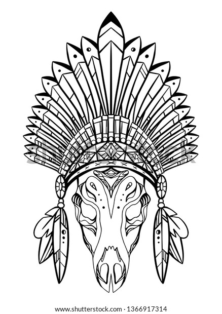 Outline Drawing Deer Skull Native Cap Stock Vector (Royalty Free ...