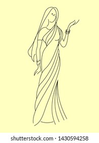 Outline drawing depicting the silhouette of a delicate elegant slim young beautiful Indian girl in full growth, dressed in a long sari with bracelets on her arms and a dot on her bindi forehead