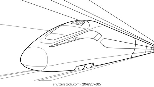 Outline Drawing Diagram Of Hi-technology High Speed Train Railroad Over White Background Vector Illustrations