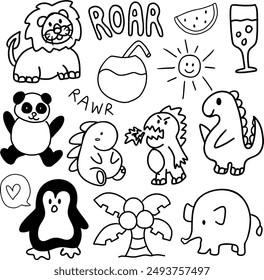 Outline drawing of dinosaurs, elephants, lion, coconut drink, watermelon, panda, penguin, coconut tree, champagne drink for kid colouring book, painting, summer, zoo, amusement park, cartoon character