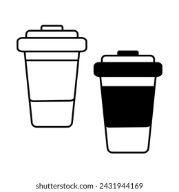 Outline drawing disposable coffee cups with lid. Design concept for logo, sticker, pointer. Set of 2