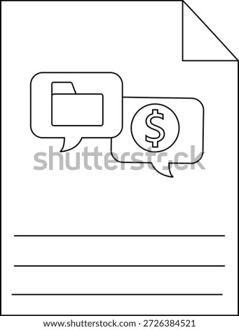 Outline drawing of document with folder and money icons above horizontal lines Corner is folded