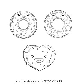 Outline drawing of Donuts and cookies in the shape of a heart. Vector icon cute illustration Black and white Vector icon cute illustration. Sticker kawaii cartoon logos. Dessert  concept.  