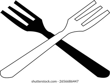 um desenho em forma de contorno de um garfo duplo de metal, com três dentes. Tem uma alça longa para fácil aderência