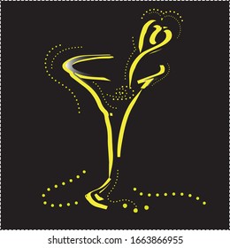 esquema de dibujo elegantemente dorado martini vidrio con corazón..ilustración vectorial fondo negro aislado