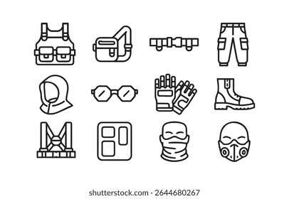 Outline drawing of essential safety and protective apparel items. Includes jacket, glasses, bag, gloves, shoes, and helmet, perfect for any job that requires protection.