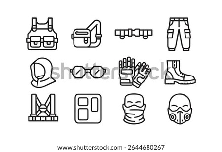 Outline drawing of essential safety and protective apparel items. Includes jacket, glasses, bag, gloves, shoes, and helmet, perfect for any job that requires protection.