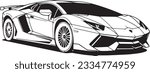 Outline drawing of fast Lamborgini car, sport car from side and front view. Vector doodle illustration, design for coloring book or print
