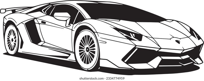 Outline drawing of fast Lamborgini car, sport car from side and front view. Vector doodle illustration, design for coloring book or print