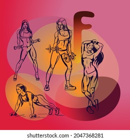 Outline drawing of female athletes performing fitness exercises with dumbbells