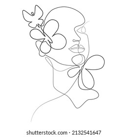 Outline drawing of a female face with a butterfly and flowers drawn with a continuous line. Line art
