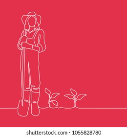 Outline drawing of female farmer standing in vegetable garden with spade in her hands