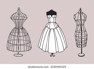 Outline drawing of female mannequins for tailoring atelier, vector illustration