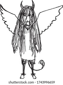 Outline drawing of fictional devil girl with wings