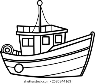 Outline drawing of fishing boat classic boat sketch