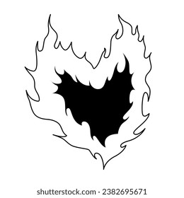 Outline drawing of flame heart. Abstract fire shape. Gothic, emo, y2k tattoo design. Dark romantic silhouette. Vector illustration