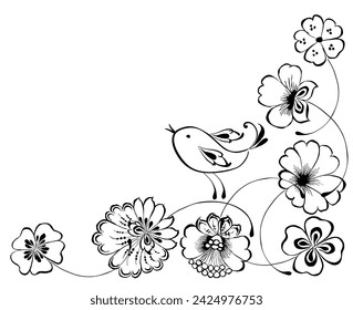 Dibujo del contorno de las flores decorativas de la esquina floral y el pájaro que canta, elemento del diseño del vector para los fondos de la decoración tarjetas de felicitación, invitaciones