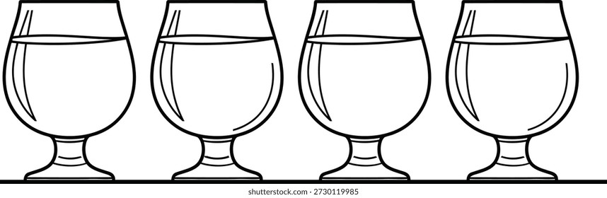 Umrisszeichnung von vier Brandy- oder Cognac-Snifter-Gläsern voller Getränke