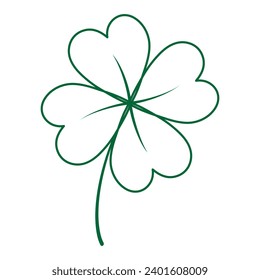 Outline drawing four leaf clover in trendy green color. St. Patrick sticker or icon design concept