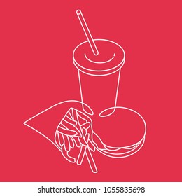 Outline drawing of french fries, hamburger and drink