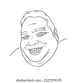 Outline drawing of funny man with double chin. He clamped his upper lip and shows his teeth.