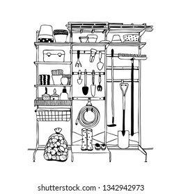 Outline drawing garden tools on a shelving in a barn, shovels, rakes, pots, plants, harvest, watering hose, baskets and boxes , sketch by hand  with contour lines. Vector illustration