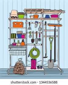 Outline drawing garden tools on a shelving in a barn, shovels, rakes, pots, plants, harvest, watering hose, baskets and boxes , sketch by hand  with contour lines. Vector illustration