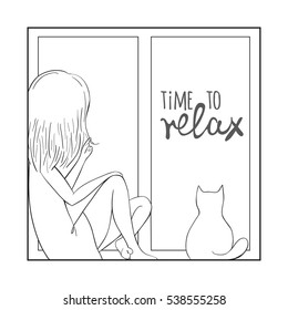 Outline drawing. Girl and cat sitting on the windowsill.