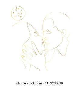Outline drawing hand drawn kissing couple, golden line, sketch, vector.