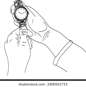 Outline drawing of a hand with an expensive wristwatch, Black and white illustration of a hand holding a luxury watch