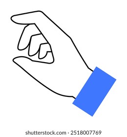 Um desenho de contorno de uma mão com os dedos levemente beliscados, usando uma pulseira azul. Ideal para designs minimalistas, gráficos instrucionais, comunicação, gestos manuais e materiais educacionais.