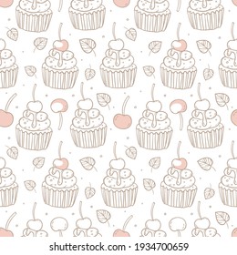 Outline drawing in a hand-drawn style. Cupcake decorated with cherries and chocolate. Leaves and abstract dots on a white background. Drawing of a festive dessert. Seamless pattern, print for fabric.