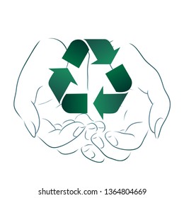 Outline drawing of hands holding a sign of recycling. Recycling and Zero Waste. Ecological vector element for logos, icons, banners and your design