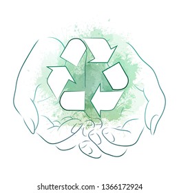 Outline drawing of hands holding a sign of recycling with green watercolor splashes. Recycling and Zero Waste. Ecological vector element for logos, icons, banners and your design